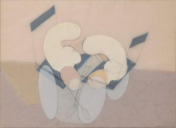 Две светло-бежевые приблизительно фаллические фигуры находятся каждая на своём угловатом стуле на абстрактно-эфемерных колёсах. И стулья, и фигуры пытаются слиться в соитии. Цвета композиции: бежевый разных оттенков, синевато-серый, фиолетово-серый, блёклый горчичный, серо-голубой. // Two light beige, roughly phallic figures are each on their own angular chair on abstract-ephemeral wheels. Both chairs and figures try to merge into the overall mass. The colours of the composition are: beige of various shades, bluish-gray, violet-gray, pale mustard, gray-blue. // Renate Bertlmann, “Boris is Lying”, 1974, pencil, gouache and tracing paper on paper