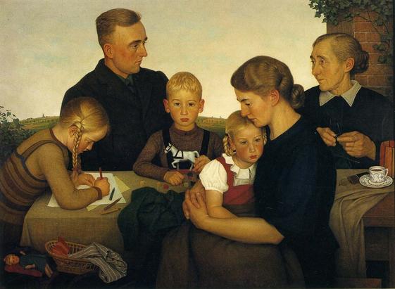 Une famille autour d'une table. Toutes les personnes sont blondes avec les lèvres fermées.
Au sommet, le seul homme (le père) est le seul à regarder une autre personne (peut-être sa mère).

peinture d'Adolph Wissel; Farm Family from Kahlenberg - 1939