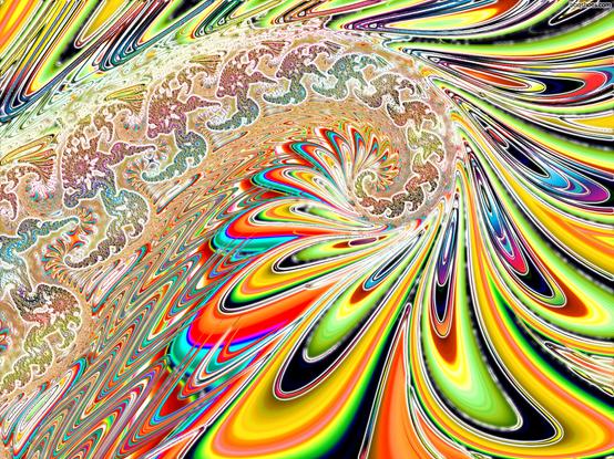 Bright and loud fractal spiral with glowing loops in orange, yellow, green and black, with glowing smaller julia shapes iterating into infinity