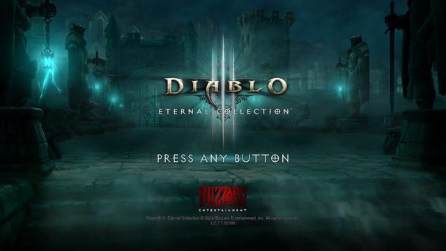 Écran titre de Diablo III sur Nintendo Switch. Il s'agit d'un paysage urbain d'ambiance gothique noyé dans le brouillard et éclairé par des lumières blafardes.