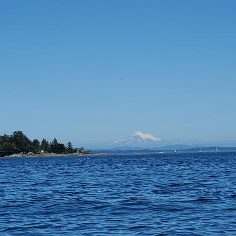 Mount Baker in the distance. Clear blue skies.