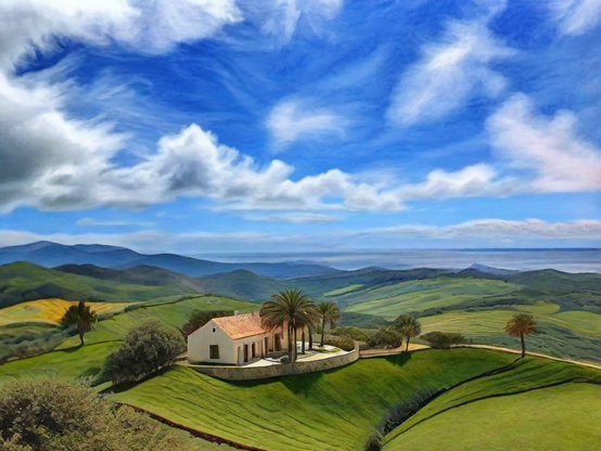 Sunny day with windswept clouds above a solitary house on a glacier-created hill, surrounded by rolling green fields, with a lake and mountains in the distance.