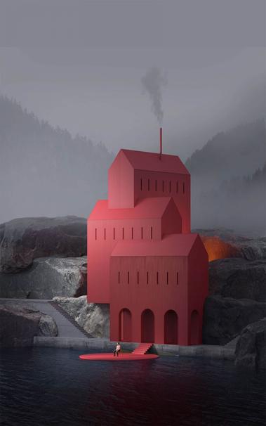 An illustration of a red, multi-level building with a smoking chimney stands beside a rocky shore with surrounding mist and distant trees. A person is seen on a red platform extending to the water.