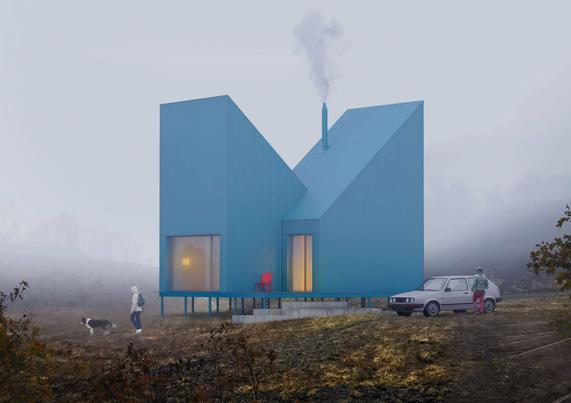 An illustration of a modern blue house with a steep roof is shown on a misty day. Smoke rises from the chimney. A person, a dog, and a car with another person are also in the scene.