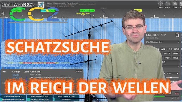 Im Hintergrund ein Frequenzspektrum des 2m-Bands in der Software OpenWebRX+ mit Einstellfenster, Zoomfenster und APRS-Live-Dekodierung. Im Vordergrund rechts ein Mann, links groß der Schriftzug "Schatzsuche im Reich der Wellen".