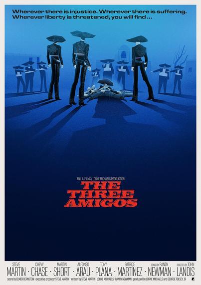 a movie poster for the comedy The Three Amigos. The characters in a pose that is an homage to the famous Wild Bunch poster