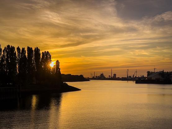 Sonnenuntergang in Bremen-Gröpelingen. Es ist alles in goldgelbes Licht getaucht. Die untergehende Sonne scheint durch Bäume, die Weser liegt ruhig und der Hafen steht still. Für einen Moment Frieden 

Sunset in Bremen-Gröpelingen. It is all bathed in golden yellow light. The setting sun shines through trees, the Weser is quiet and the harbour stands still. For a moment of peace