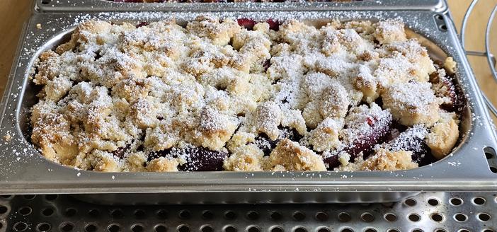 Frisch gebackener Zwetschgenstreusel mit leicht Puderzucker bestäubten Streuseln