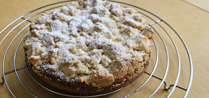 Frisch gebackener einfacher Streuselkuchen in einer Backform mit leicht Puderzucker bestäubten Streuseln.