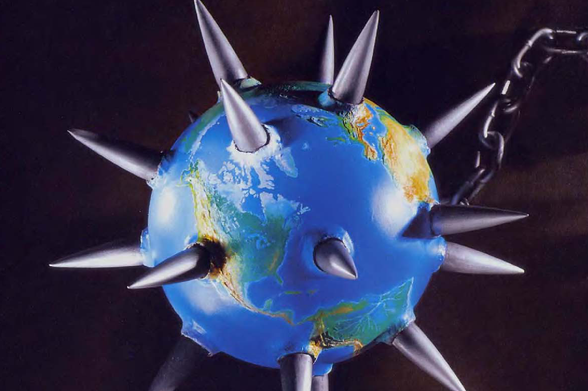 1993 

A metallic globe of the Earth is depicted, covered in numerous sharp spikes that jut outward, symbolizing danger or conflict.
The globe features the continents and oceans as they are commonly recognized on a typical world map.
It has a chain attached to it which could imply weightiness or constraint, suggesting a heavy burden for the planet or its inhabitants.
Tags: Earth, spikes, metallic globe, danger, conflict, symbolism, continents, oceans, chain, burden, constraint.