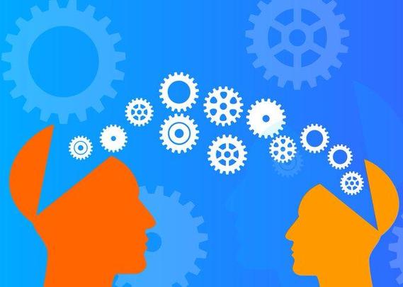 illustration of two human heads with information being transferred between them depicted by cogs.