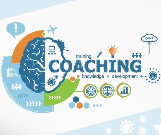 illustration of a human brain and the words coaching, knowledge, development, training, goals.