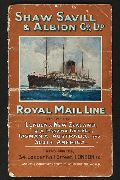 Colour photo: Ephemera: Shaw Savill & Albion Co. Ltd. passenger list RMS Ionic (1902). 1924. Description: Colour photo of a brochure, a passenger list for a voyage on R.M.S. Ionic (1902) departing Southampton 24 July 1924 for New Zealand, Tasmania and Australia. Direct four-weekly service of Royal Mail steamers, Shaw Savill & Albion Company Limited. The names of commander, surgeon and purser are listed with passengers inside. Citation: New Zealand Maritime Museum, Accession No. 2021.90.18. https://collection.maritimemuseum.co.nz/objects/61710/ephemera-shaw-savill-albion-co-ltd-passenger-list-rms-ionic-1902-jul-1924