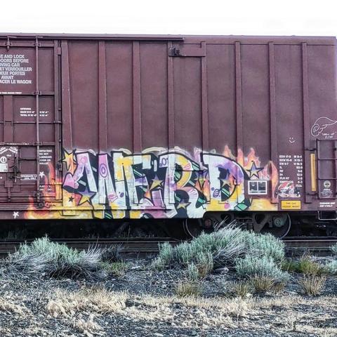 Train car with graffiti rolling through Kamloops BC Canada