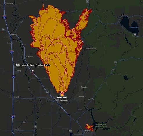 A map showing the progression and limits of the Park Fire as of August 30, 2024.

https://en.wikipedia.org/wiki/Park_Fire
The Park Fire is an active wildfire in Butte and Tehama counties in Northern California. It ignited on July 24 in an alleged act of arson, in the city of Chico's Bidwell Park in Butte County. The fire defied initial suppression efforts and grew rapidly over the following days, burning into the Ishi Wilderness and the Lassen National Forest. Thousands of people in foothill communities evacuated, Lassen Volcanic National Park closed to the public, and 709 buildings were destroyed.

The Park Fire is the largest wildfire of California's 2024 wildfire season, the fourth largest in California history, the second largest single wildfire (as compared to a wildfire complex, with multiple ignition points), and the largest ever caused by arson in the state. As of August 30, 2024, the fire has burned 429,603 acres (173,854 hectares) and is 95 percent contained. Fire suppression operations have cost $293 million.