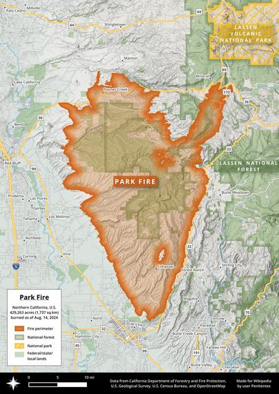 A map showing the progression and limits of the Park Fire as of August 14, 2024.

https://en.wikipedia.org/wiki/Park_Fire
The Park Fire is an active wildfire in Butte and Tehama counties in Northern California. It ignited on July 24 in an alleged act of arson, in the city of Chico's Bidwell Park in Butte County. The fire defied initial suppression efforts and grew rapidly over the following days, burning into the Ishi Wilderness and the Lassen National Forest. Thousands of people in foothill communities evacuated, Lassen Volcanic National Park closed to the public, and 709 buildings were destroyed.

The Park Fire is the largest wildfire of California's 2024 wildfire season, the fourth largest in California history, the second largest single wildfire (as compared to a wildfire complex, with multiple ignition points), and the largest ever caused by arson in the state. As of August 30, 2024, the fire has burned 429,603 acres (173,854 hectares) and is 95 percent contained. Fire suppression operations have cost $293 million.