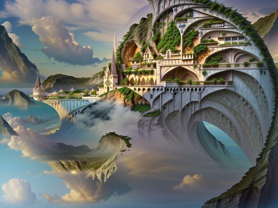 Close up, a fantastical landscape of surreal floating islands with intricate, arched structures and sculpted greenery, with sky bridges and suspended buildings, against a backdrop of cloud-covered mountains. From a distance, a nautilus shape is prominent.