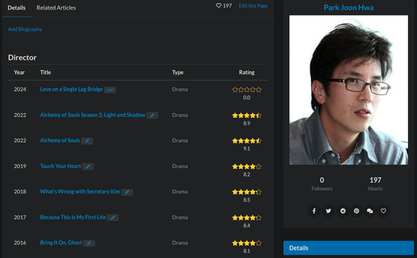 screenshot of My Drama List page for Park Joon Hwa showing that he's directed "Alchemy of Souls," "Touch Your Heart," "What's Wrong with Secretary Kim," "Because This is My First Life," & "Bring It On Ghost" all with 8+ star ratings.