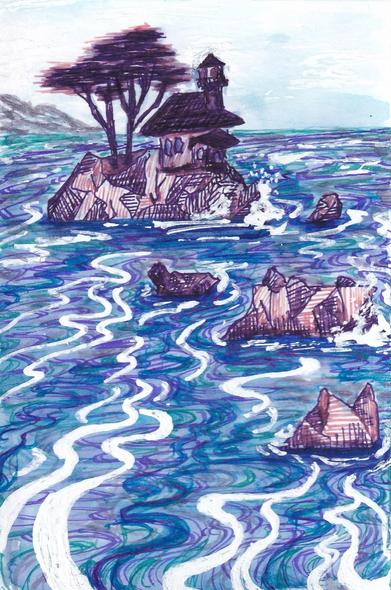 art of a lighthouse on an island with eucalyptus trees in purple, amongst hatched rocks and swirling ocean patterns