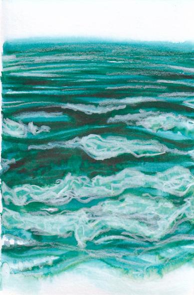 greeny blue oceanscape viewed straight on, so the waves are coming in and crashing towards you, done with ink and watercolor crayon media.