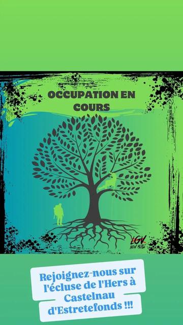 Dessin au trait d'un arnre sur fond colloré. texte : Occupation en cours. Rejoignez-nous sur l’écluse de Hers à Castelnau
