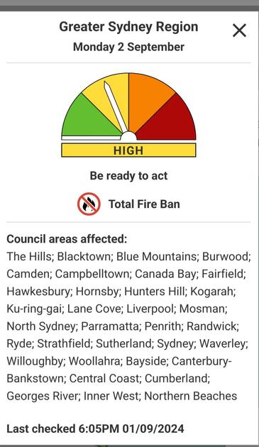 Warning from RFS for greater Sydney on Monday.

High fire Danger total fire ban.