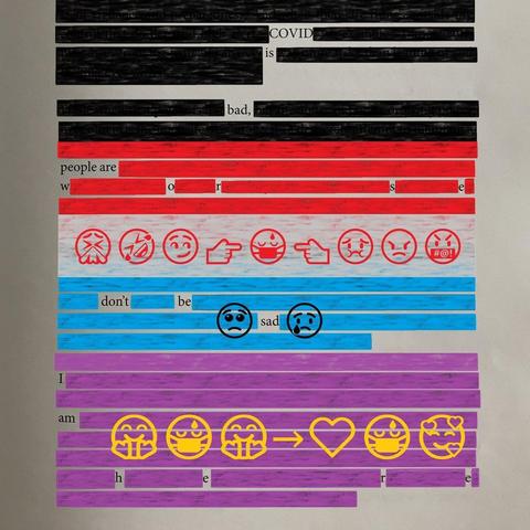 This is a piece of blackout poetry that reads:    COVID  is  bad,    people are  w-o-r-s-e (worse)    don’t be  sad    I  am  h-e-r-e (here)    Some emojis are added to tell a story that helps illustrate the meaning of the poem.    Beneath the line "people are worse" is a masked emoji being ridiculed by other emojis, including a sneezing face emoji, a rolling on the floor laughing emoji, a smirk emoji, a queasy-looking disgust emoji, an angry emoji, and a swearing emoji. These unkind emojis are pointing their fingers at the masked emoji.    Next to the word "sad" are a sad emoji and a teary-eyed emoji, showing the masked emoji's feeling.    Above the word "here" are two virtual hug emojis surrounding the masked emoji, which mean the support from the covid cautious community, then an arrow which implies changing moods, then a heart emoji and a smiling face with hearts emoji surrounding the masked emoji, which mean the masked emoji is feeling better with the love and solidarity.