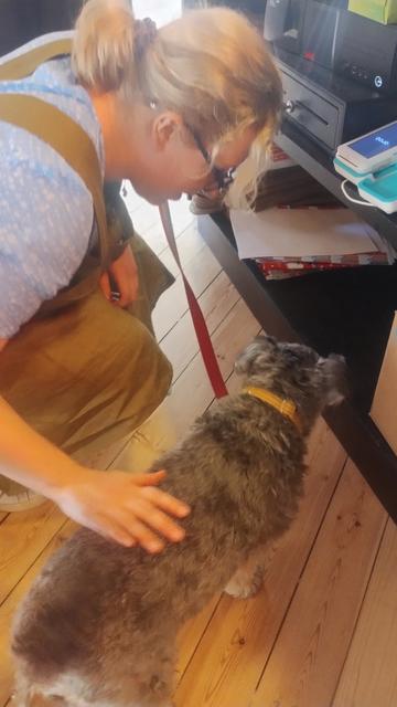 My chum Olivia kneeling down to stroke Sylvie's soft fur