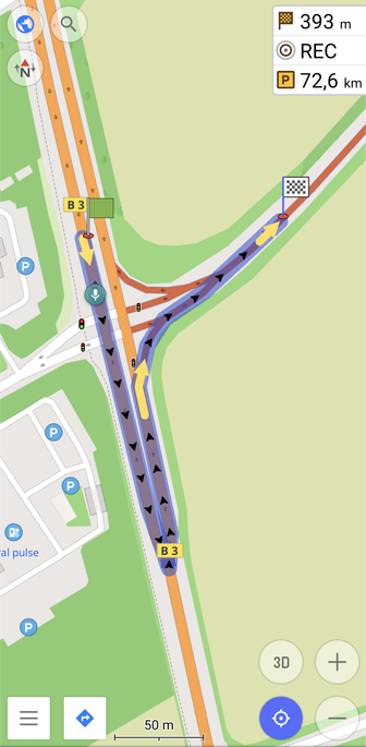 OsmAnd drives straight on, then does a U-turn and a right turn, too.