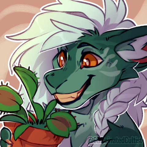 Furry character, smiling and holding a plant.
