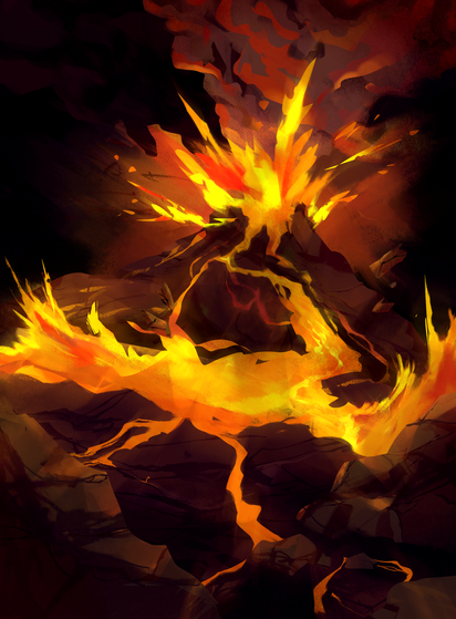 The isolated background of the card. A volcano undergoing a violent eruption. Lava, debris, and smoke rise from its peak, and even more lava rushes and clashes with rocks in the foreground.