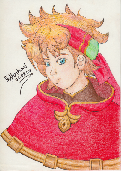 A pencil-drawn portrait of Val, the main character of the game Visions of Mana. He has red hair and blue eyes, wears a red bandana and a red jerkin with golden accents.