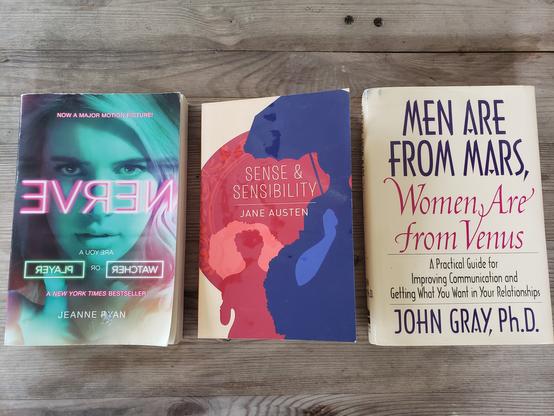 Three book covers of Nerve, Sense and sensibility and men are from mars, women are from Venus