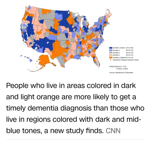 People who live in areas colored in dark and light orange are more likely to get a timely dementia diagnosis than those who live in regions colored with dark and mid- blue tones, a new study finds. CNN