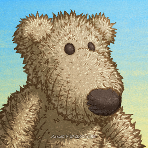 Digitally handmade profile artwork of a fuzzy teddy bear facing forward towards the right side of the image at a 3/4 angle, on a blue-to-yellow gradient background.