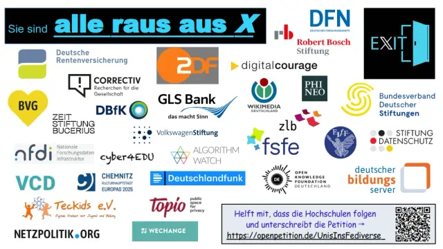 Das Bild zeigt die Logos von Organisationen und Institutionen, die in letzter Zeit die X-Plattform verlassen bzw. ihre Accounts dort still gelegt haben. Die Überschrift lautet: "Sie sind alle raus aus X" Unten rechts im Bild findet sich noch ein QR-Code und ein Link auf die Petition, mit der die Hochschulen in Deutschland aufgefordert werden, ihre Accounts bei X zu schließen und verstärkt im Fediverse aktiv zu werden.