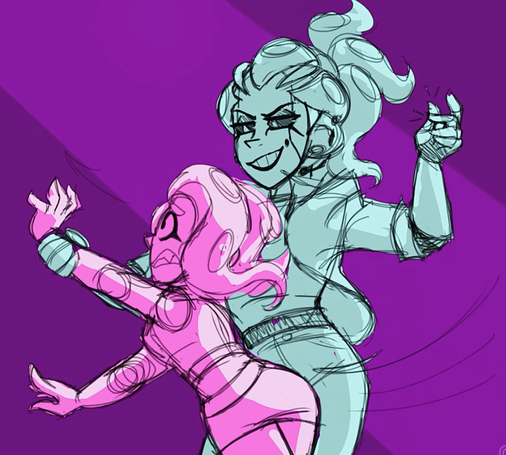 An grinning robot octoling pulls Agent 8 into a dance. The latter is clearly trying to get away.