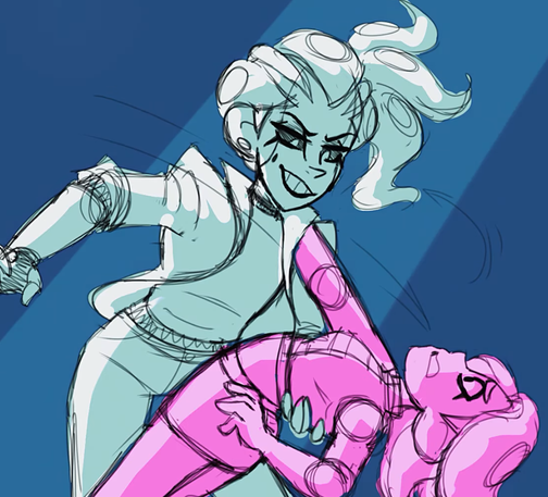 The robot dips Agent 8, forcing her to grab their shoulder to avoid falling. By forcing her to play along like this, the robot demonstrates that they're in control.