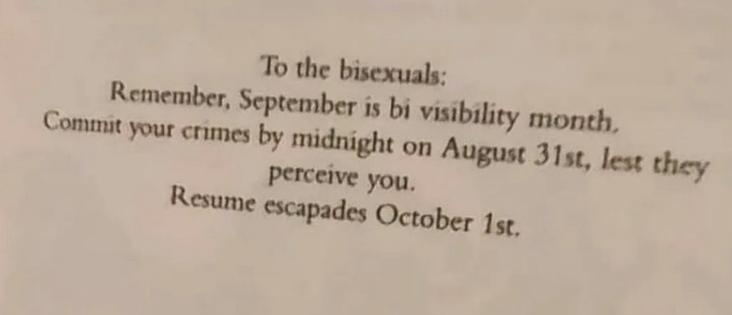 To the bisexuals remember September is bi visibility month commit your crimes by midnight 8/31 lest they come receive you resume escapades 10/1