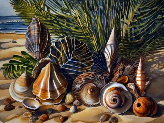 A stylized summer beach still life of seashells and dune grass, on a sandy shore, with ocean waves in the background. AI impressionism style.