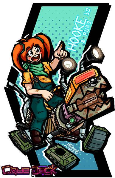2D render of my OC Hooke riding on a mechanical dog named PUP3. Hooke is 10 years old; she has orange short, curved twin-tails, screw hair pins, large eyes and a happy open mouth. She is wearing pine green overalls over a yellow oil-stained shirt, and a green bandana. PUP3 has lamps for ears, a 3D scanner for the head, a round ceiling security camera for a nose, a digger claw for the jaws, modified toy tanks for paws, a modified accordion for its torso, a radio antenna tail, and a car jack for back legs