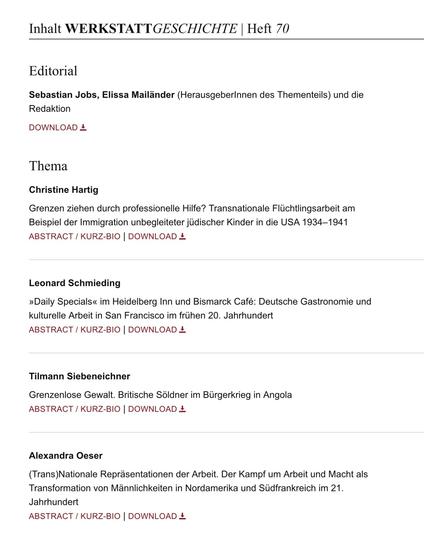 Screenshot mit Auszug des Inhaltsverzeichnisses von WerkstattGeschichte 70/2016
