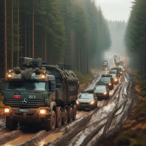 Militär Konvoi auf einem Waldweg (KI generiert)