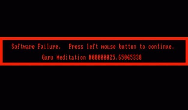 Screenshot of the "guru meditation" software failure on the amiga.