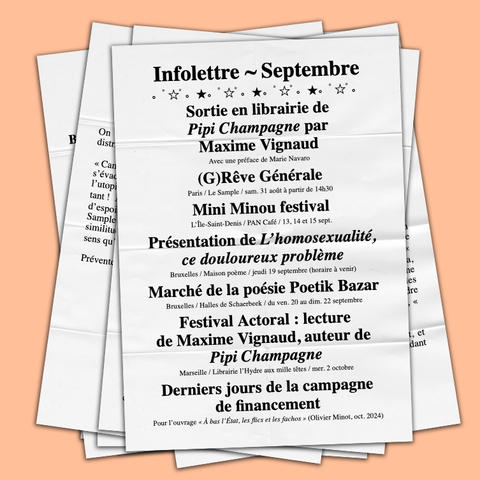Photomontage d’une pile de feuilles pliées puis dépliées. On peut lire seulement le cpntenu de la première feuille, qui est une table des matières de notre infolettre.