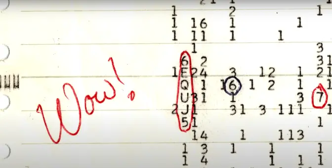 Image du "wow !" sur le printing d'époque : 

Des séries de chiffres et de lettres codées et une inscription manuscrite en rouge "wow !" pour signaler ce qui sort de l'ordinaire dans l'observation faite par le radiotéléscope.