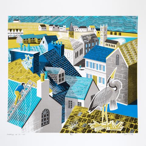A blue, turquoise, yellow, light grey and dark grey print of the rooftops of St Ives, Cornwall, looking across them towards the harbour.