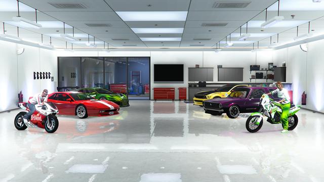 A screenshot I took in the video game GTA Online using the Rockstar Editor. It shows both of my online characters sitting on motorcycles in a shared garage for their race cars.