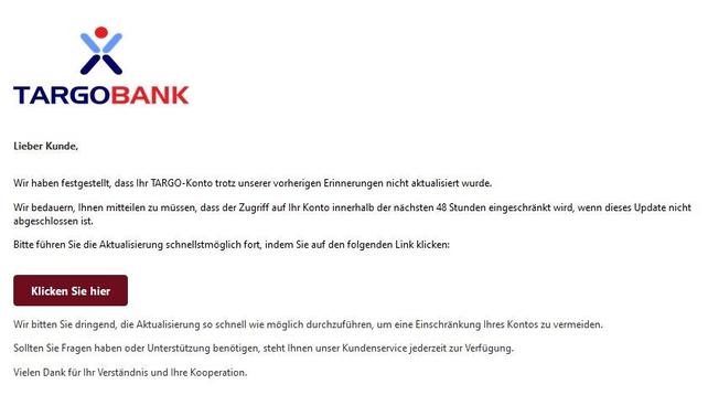 Screenshot einer Phishing-Mail mit Targobank-Logo