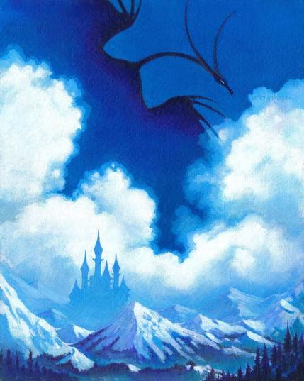 Painting of a mountain landscape with a dragon as sky